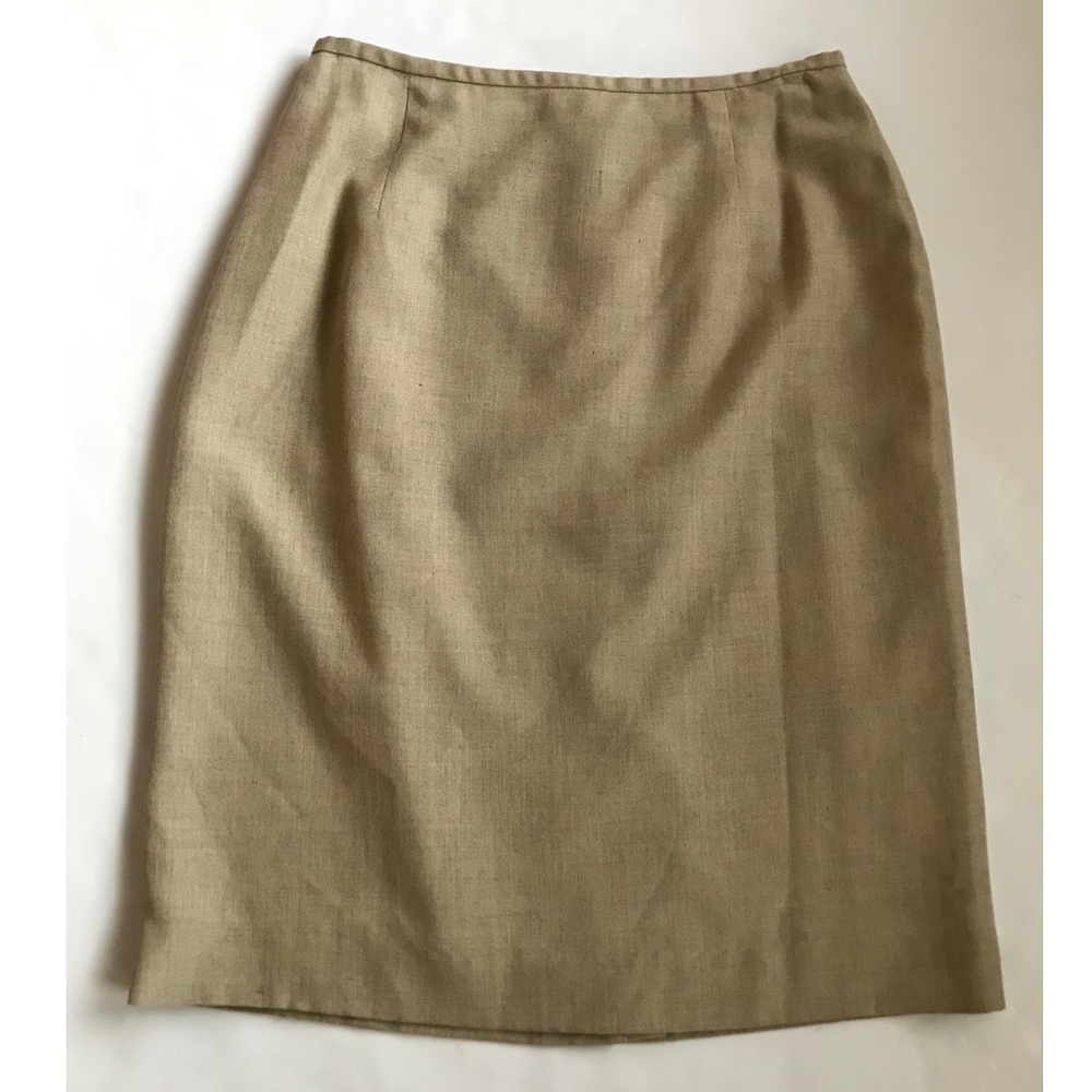 Vintage Rena Rowan Saville Tan Linen Pencil Skirt Size 12 Back Slit